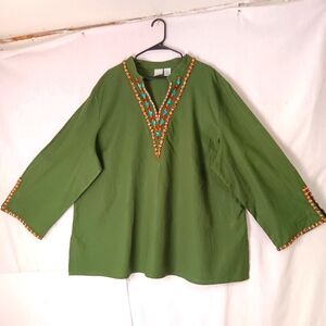 Roaman's tunic blouse,Boho Chic Hippie Plus sz 32W, linen,handmade rhinestone.